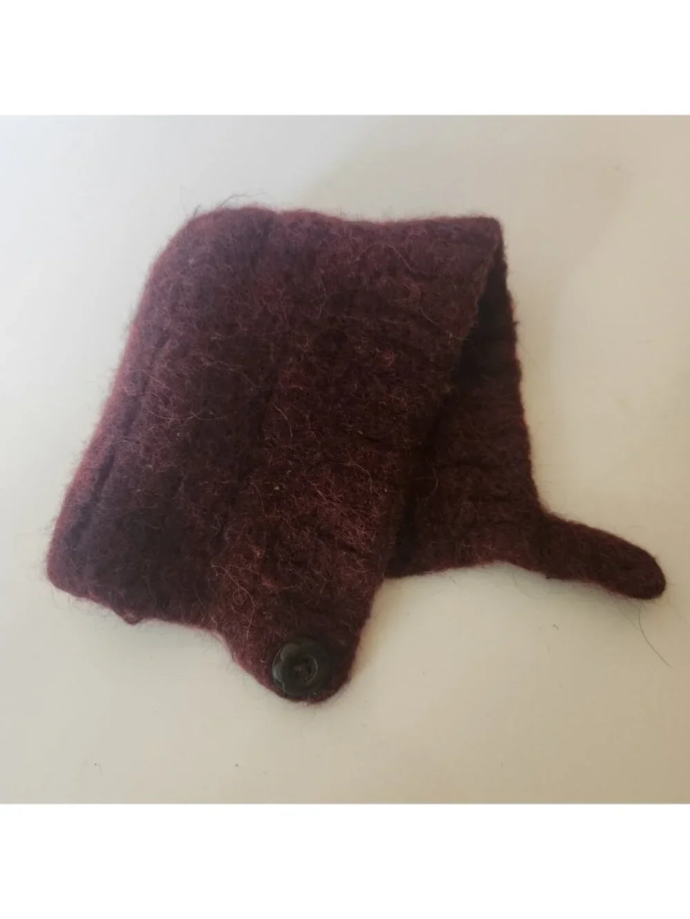 Burgundy Wool Knit Bonnet Hat Button Chin Strap Fuzzy Warm WinterCap Handcrafted